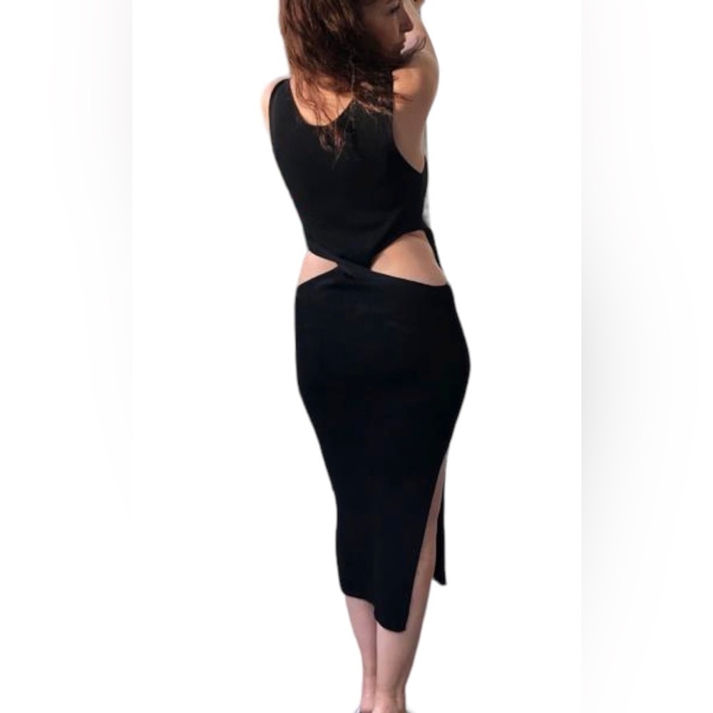 Midriff cutout Sweater Dress Cut out Waist 2 way, black, size L, side slit